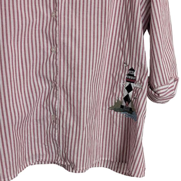 Vintage Button Up Red and White Striped Lighthouse Embroidery 3/4 Sleeve Top XL - Picture 3 of 6